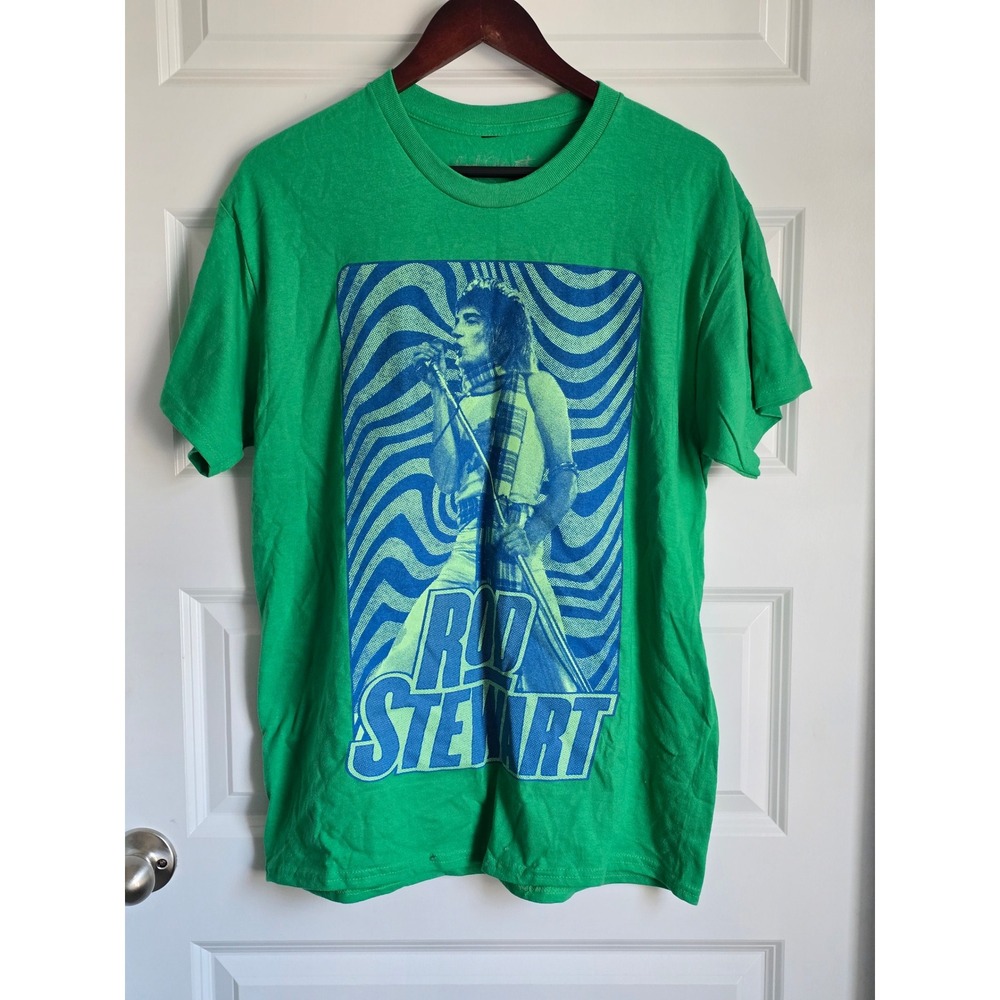 Rod Stewart Graphic Tee Green Psychedelic Rock Music T-Shirt Mens Large L